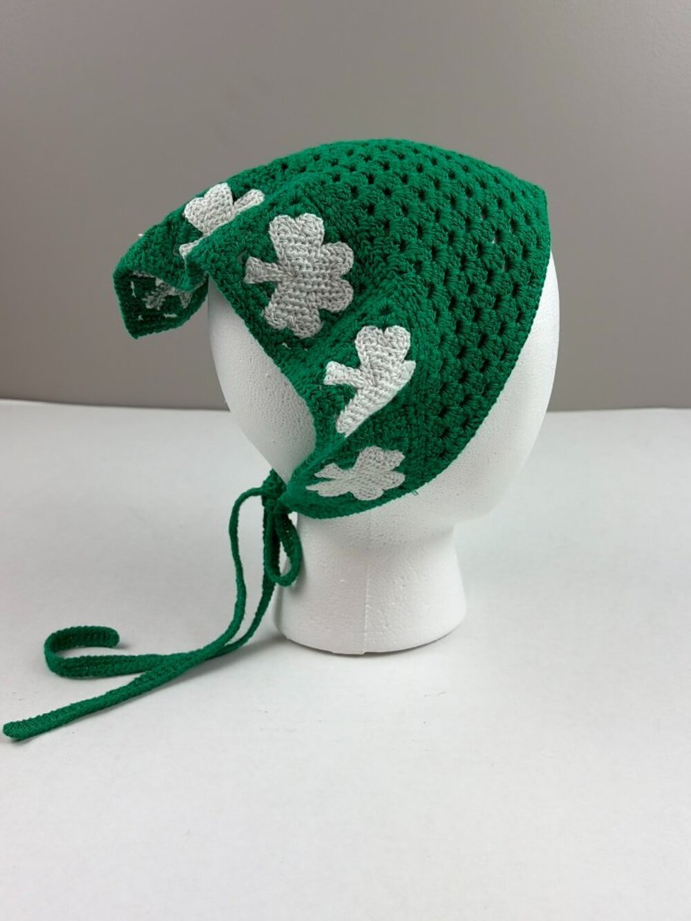 Green Crochet Knit Four Leaf Clover Half Bandana Scarf OSFA St. Patrick Irish